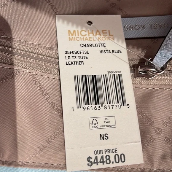 MICHAEL KORS Charlotte Large Leather Top-Zip ToteVista Blue NWT
